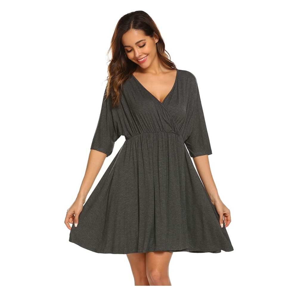 Maternity V-Neck Short Sleeve Wrap Dress - Dark Gray - Picture 4 of 4